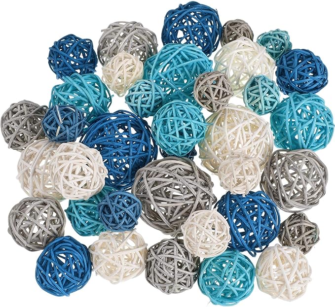 Patelai 36 Pcs Wicker Rattan Balls Decorative Balls for Vase Centerpiece Bowls Orbs Filler for Home Decor,4 Sizes(Dark Blue, Sky Blue, Gray, White,2.8'',2.4'',2'',1.6'')