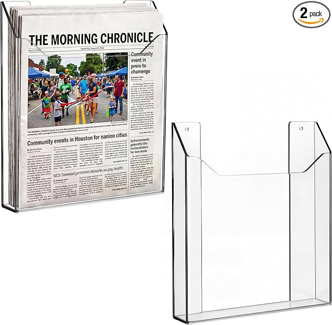 Sliner 2 Pcs Wall-mounted Single Pocket Newspaper Holder Acrylic Brochure Holder Clear Acrylic Display Holders for Home Office Waiting Room Magazine Mail Organizer, 13.38 x 11.50 x 2.24 Inches