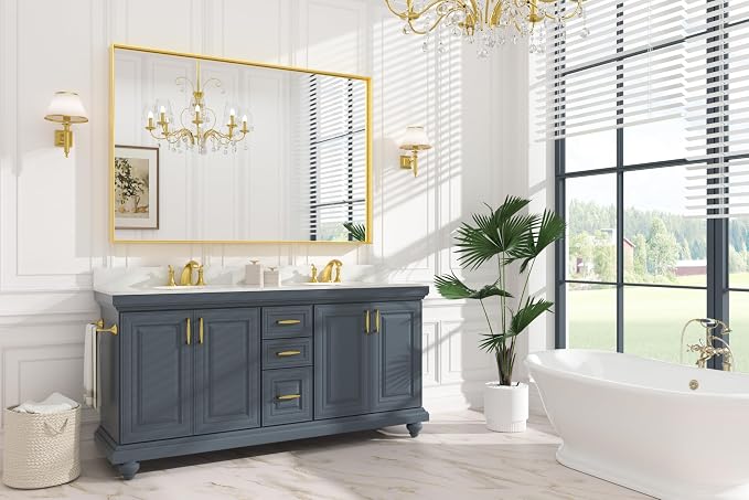 Keonjinn Gold Bathroom Mirror 60” x 40” Large Framed Mirrors for Wall Rectangular Vanity Mirror Brushed Gold Metal Frame Mirror Rectangle Farmhouse Mirror for Bathroom Sink(Horizontal/Vertical)