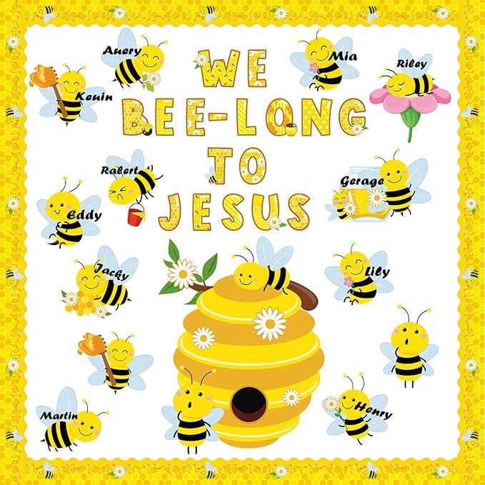 HIQINLUG Bee Bulletin Board Decorations Set, Summer Bee Jesus Religious Bulletin Board Decorations Christian Cutout for Classroom Back to School Library Home Window Wall Birthday Decor