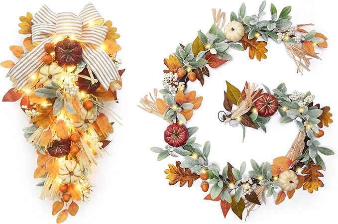 Valery Madelyn 24 inch Fall Pumpkin Teardrop Swag Autumn Harvest Door Hanger with Striped Bow, Mini Pumpkins, Eucalyptus, Raffia & Berry Sprays for Front Door, Mantel Thanksgiving Table Centerpiece