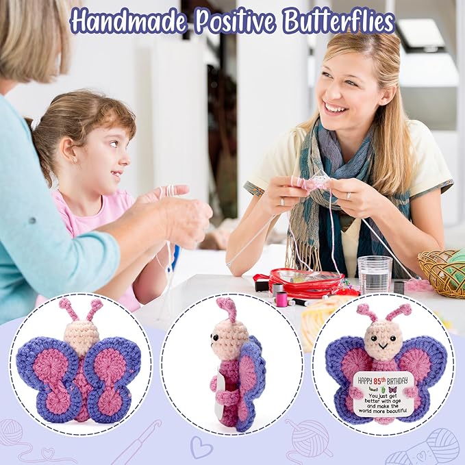 85th Birthday Gifts for Women, Tiny Crochet Butterfly Plush with Pink Purple Wings Holding Positive Note, Happy 85th Birthday Decoration & Gift for 85 Year Old Women