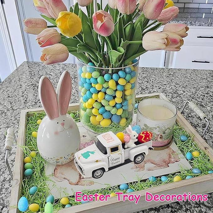 Easter Decorations - Mini Farmhouse Vintage Metal Truck with Easter Eggs & Bunny, White Spring Farm-Style Pickup Decor for Table Tiered Tray Home Kitchen Office Keepsake Gifts