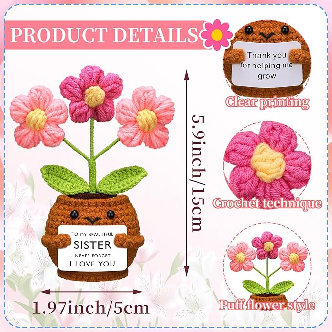 Wavwavw Sister Gifts Handmade Crochet Doll with Card Crochet Present for Sisters Sis Big Little Sister Birthday Wedding Home Decor(Flowers)
