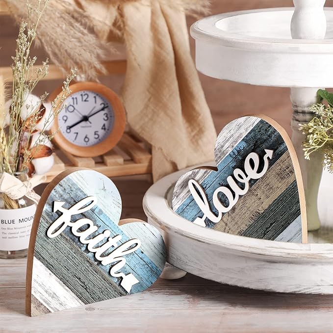 Jetec 2 Pcs Rustic Decorations for Living Room Home Shelf Mantel Entryway Table, Farmhouse Knick Knacks Christian Table Centerpiece Wooden Heart Decor for Dining Room Housewarming Gift(Love Style)
