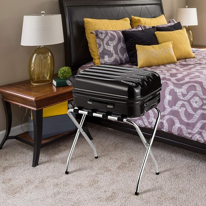 Tangkula Chrome Luggage Rack for Guest Room, No Assembly Required, Folding Metal Suitcase Stand with Nylon Belts, for Home Bedroom Guest Room Hotel, Luggage Rack, Silver (4)