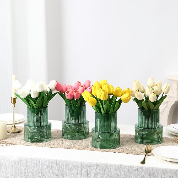 Ribbed Glass Vases, Set of 4 Small Vases for Flowers, Green Glass Vase for Tulips, Modern Vase for Living Room, Kitchen, Office, Entryway, Bookshelf, Wedding Gifts, Birthday, 6 Inches