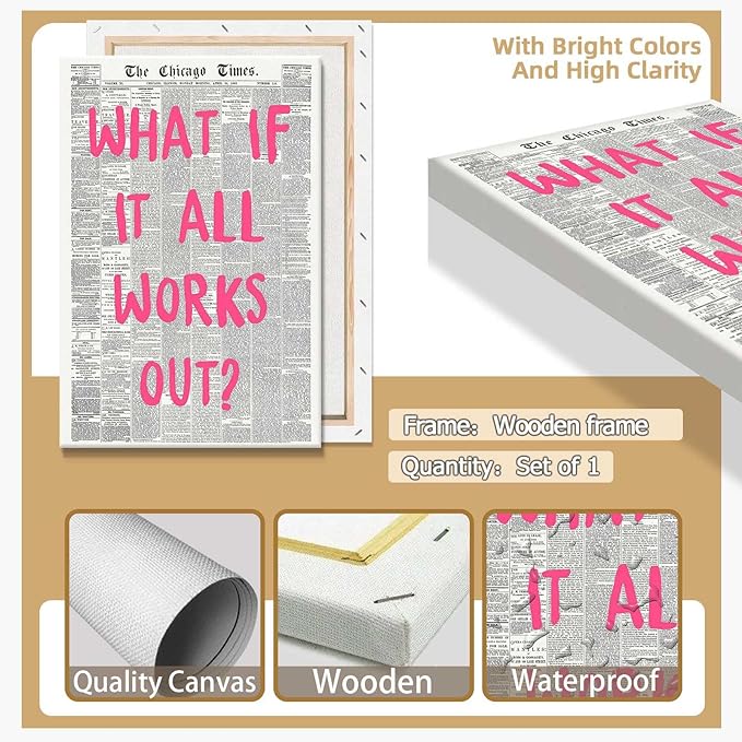 Drimiler What If It All Works Out Poster Retro Newspaper Pink Font Canvas Wall Art Positive Affirming Quote Minimalist Prints Painting For Home Bedroom Dorm Wall Decor 12x18in Wframed