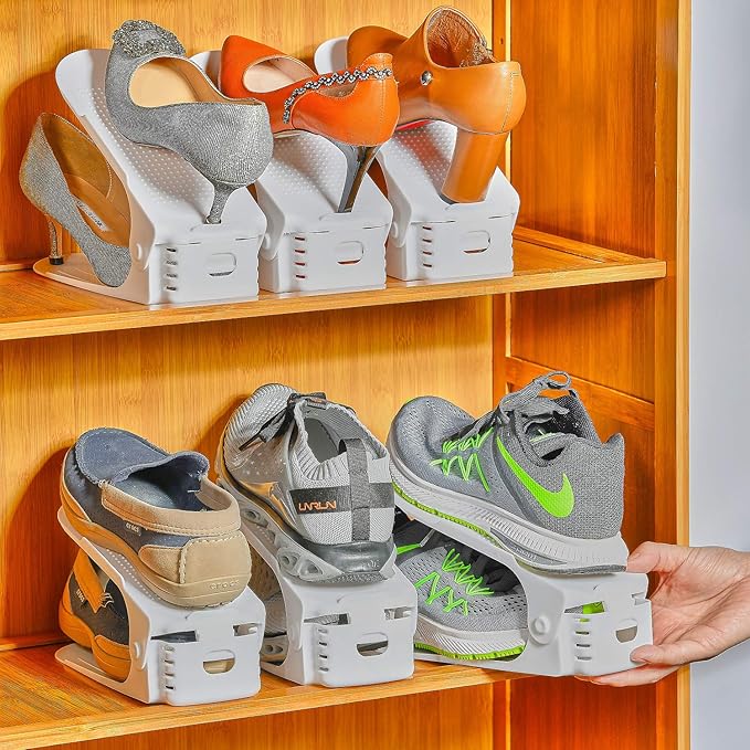 Shoe Slots Organizer, 24PCS Adjustable Double Layer Stack Shoe Rack, 50% Space-Saving Storage Rack Holder, White