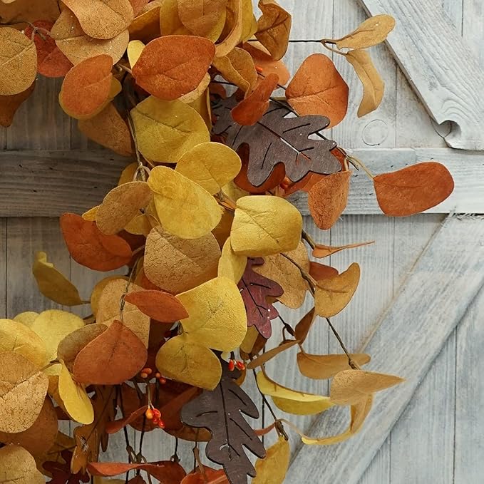 AMF0RESJ Artificial Fall Wreath for Front Door Autumn Eucalyptus Wreath with Orange Eucalyptus Leaves,Woodern Oak Leaves for Farmhouse Indoor Outdoor Window Wall Door Home Decor,Gift Box Included