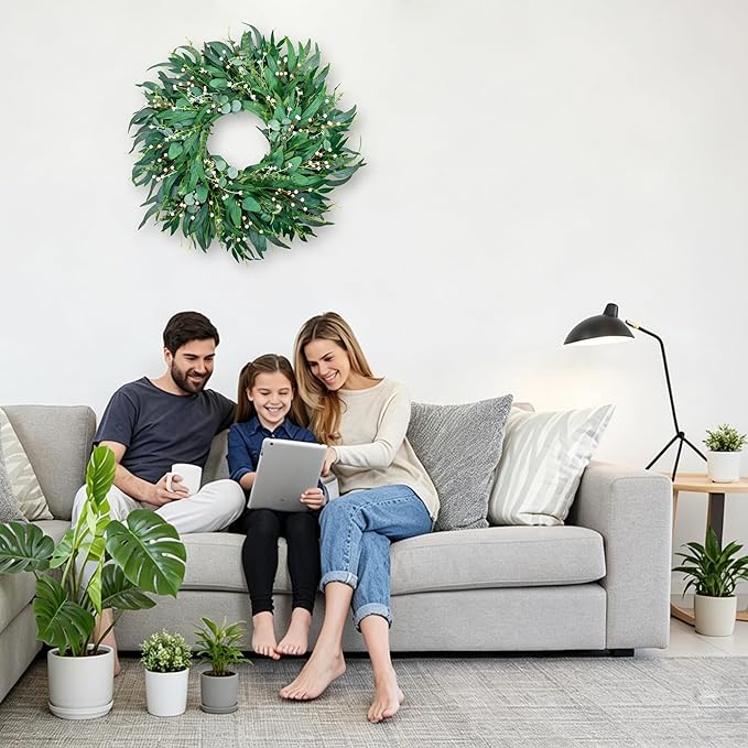 26-Inch Large Farmhouse Wreath for Front Door, All Season Eucalyptus Wreath for Indoor Outdoor Porch Wall Window, Artificial Greenery Everyday Home Decor fro Spring Summer Fall Winter
