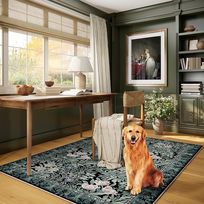 Washable Area Rugs 4x6 Black Green Vintage Floral Botanical Pattern,Perfect for Living Room, Bedroom, Kids Room, Nursery - Stain & Water Resistant Non-Slip, Pet & Child Friendly/Bedroom Decor