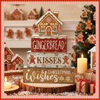 Moucuny 4 Pcs Christmas Table Decoration Gingerbread House Wooden Stacked Block Decor Gingerbread Centerpiece Block Signs Rustic Christmas Tiered Tray Decoration for Home Kitchen Coffee Bar