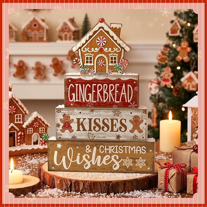 Moucuny 4 Pcs Christmas Table Decoration Gingerbread House Wooden Stacked Block Decor Gingerbread Centerpiece Block Signs Rustic Christmas Tiered Tray Decoration for Home Kitchen Coffee Bar