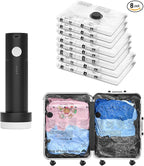 Vacuum Bags for Travel with Rechargeable Pump, 8 Combo (2L/3M/3S) Compression Packing Seal Bags for Luggage Suitcase, Space Saver for Clothing and Clothes Storage Travel
