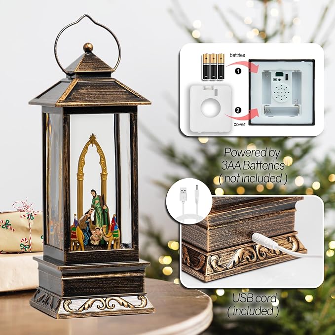 12" Christmas Snow Globe Lantern with Nativity - Water Swirling Glitter LED Light Lantern with Music - Vintage Xmas Gifts - USB Plug or Battery Operated Home Decor (Nativity)