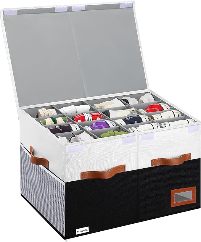 Shoe Organizer for Closet, Foldable Shoe Storage Bins with Lid & Adjustable Dividers, Fabric Shoe Box Storage Containers with Four Reinforced Handles, Fits 16 Pairs, 1 Pack, Black & White