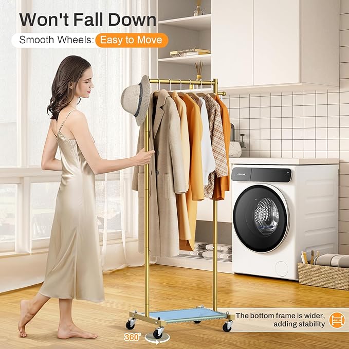 MISSLO Small Clothes Racks for Hanging Clothes Clothing Rack with Wheels 60" Garment Rack with Shelves Portable Rolling Wardrobe Rack for Small Space (Gold)