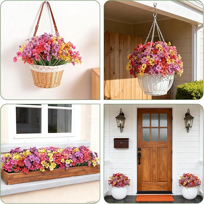 24 Bundles Artificial Flowers for Outdoor Faux Plants for Spring Summer Decoration, UV Resistant Realistic Silk Plastic Fake Flowers Garden Porch Patio Balcony Yard Front Home Decor