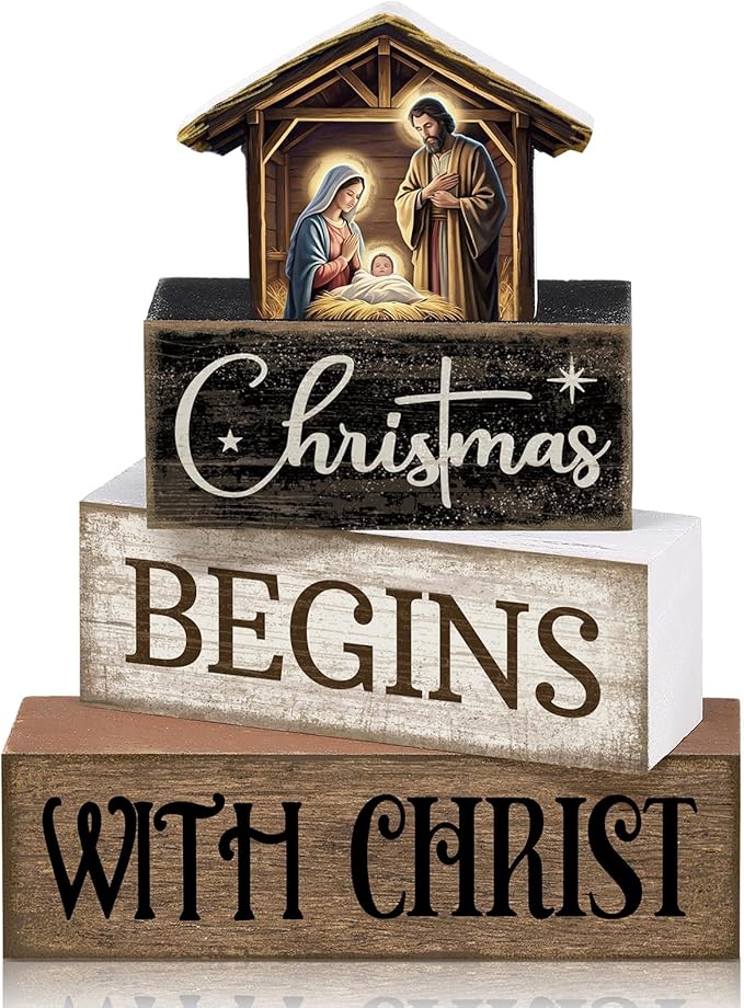 Moucuny 4 Pcs Christmas Table Decoration Christian Wooden Stacked Block Decor, Christmas Begins with Christ Signs with Nativity Scene Topper, Rustic Religious Xmas Tiered Tray Decor for Home Church