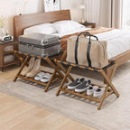 Smuxee Fully Assembled Black Walnut Luggage Racks Pack of 2, Upgraded Bamboo Foldable Suitcase Stand with 5 Nylon Straps, Luggage Holder with Shelf for Guest Room Bedroom Hotel