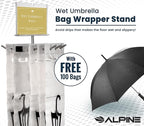 Alpine Wet Umbrella Bag Stand - Umbrella Bags Disposable with Stand, Wet Umbrella Bag Holder, Commercial Umbrella Holder with Free 100 Large Plastic Umbrella Bags Disposable (Stainless Steel)