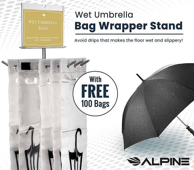 Alpine Wet Umbrella Bag Stand - Umbrella Bags Disposable with Stand, Wet Umbrella Bag Holder, Commercial Umbrella Holder with Free 100 Large Plastic Umbrella Bags Disposable (Stainless Steel)