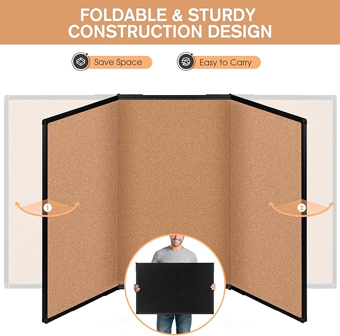 Extra Large Cork Bulletin Board 96" X 48", Foldable Notice Pin Board for Wall, Black Aluminum Framed 8'x4' Corkboard, Wall Mounted Noticeboard with 36 Push Pins for School, Home & Office