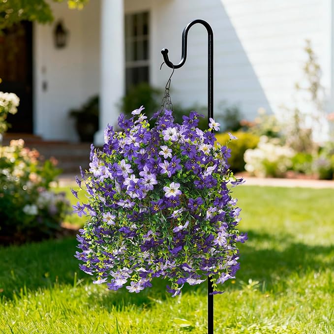 Artificial Hanging Flowers Plants for Outdoor Spring Decoration, 2 PCS Fake Silk Daisy Flower Planter UV Resistant Look Real for Outside Patio Porch Home Summer Decor (Purple)