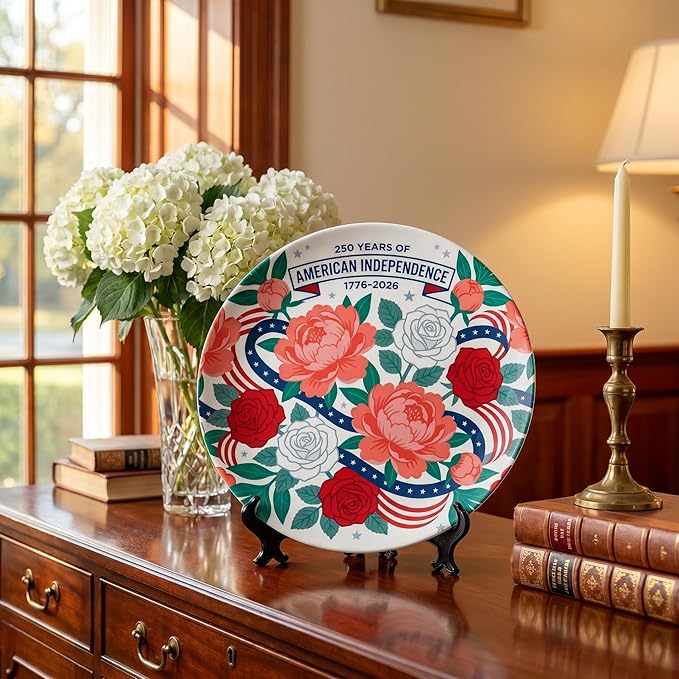 250th Anniversary Decorative Plates 10 Inch Modern Floral Patriotic Decorations Commemorative Plates with Stand Memorial Day 4th of July Veterans Day Home & Office