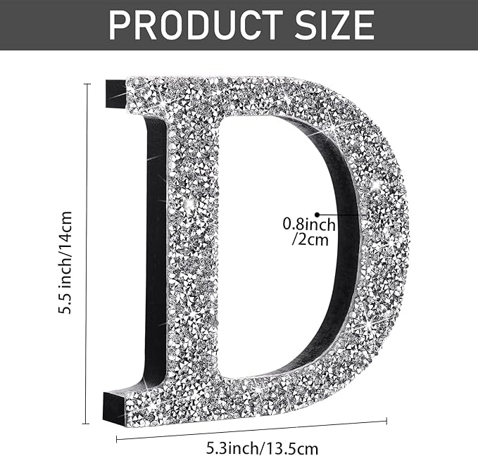 Qunclay 5.7" Silver Crystal Diamond Bling Letters Crushed Diamond Decoration Wooden Glitter Letter with Screw and Hooks Rhinestone Gift for Wedding Y2k Mcbling Bedroom Wall Decor (Letter D)