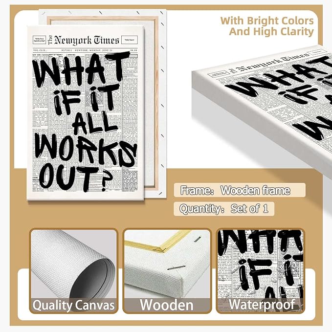 Drimiler Retro Black And White Newspaper Poster What If It All Works Out Canvas Wall Art Positive Affirming Quote Minimalist Prints Painting For Home Bedroom Dorm Wall Decor 8x12in Wframed