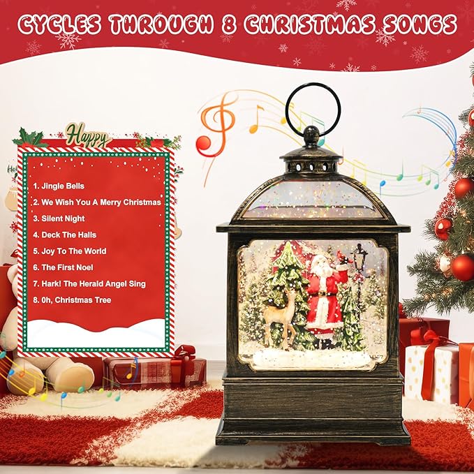 Christmas Snow Globe Lantern with Santa and Reindeer 8 Music Songs & 6H Timer Water Snow Globe Lantern USB & Battery Operated for Christmas Festival Decorations Gifts (Santa and Reindeer)