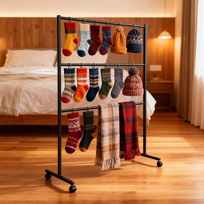 3 Tiers Rolling Display Tie & Scarf Rack Bras Underwear Shorts Socks Hats Gloves Belt Towel Accessories Organizer Holder for Home Commercial Clothing Retail Store, Floor Standing Hijab Stand