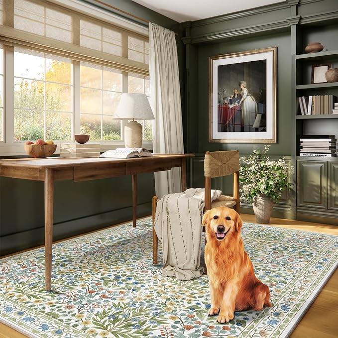 Light Green 5x7 Area Rug - Vintage Floral Washable Bedroom Rug for Living Room, Nursery, Dining Room - Low Pile, Non-Slip, Stain Resistant, Retro Indoor Floor Rug
