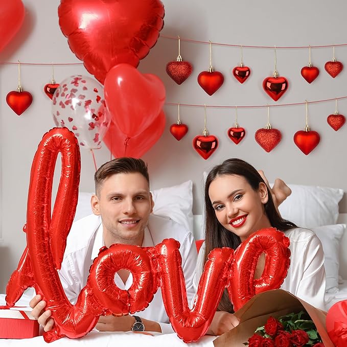 48PCS Heart Shaped Ornaments, Red Heart Shaped Ornaments, Valentines Heart Hanging Ornaments in 2 Sizes, Glossy Heart Baubles for Valentines Wedding Christmas Tree Party Decorations