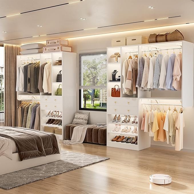10FT Closet System with 4 Drawers, 120" Closet Organizer System with 6 Hanging Robs & Reversible Shelving, Closet Systems for Walk-in Closets, White