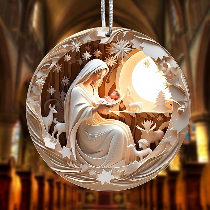Jabihome Christmas Ornaments 2025, Exchange for Women, Men, Collectible Dated Year Ornaments for Tree, Unique Acrylic Suncatcher, Printed Stained Glass Effect Decor (Moonlit Nativity)