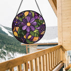 Stained Glass Window Hanging, Purple Green Flowers Sun Catcher for Door Home Decor Plants Suncatcher Christmas Mother's Day Birthday Gifts for Women Men Mom and Nana 7.8 in