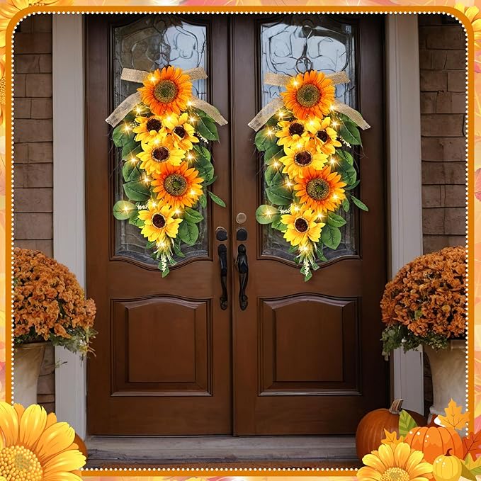 Lyrow 4 Pcs Cordless Prelit Christmas Sunflower Artificial Swags 24" Stairway Teardrop Trim Swag with Timer Christmas Staircase Decoration Battery Operated Garland for Indoor Outdoor Railing Decor