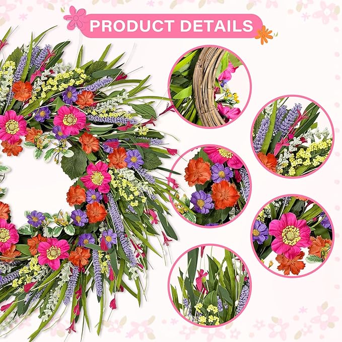 Spring Wreaths for Front Door 24 Inch with Vibrant Lavender and Daisy, Large Spring & Summer Wreath for Door Outside, Year Round Farmhouse Wedding Window Wall Decor, Housewarming Gift