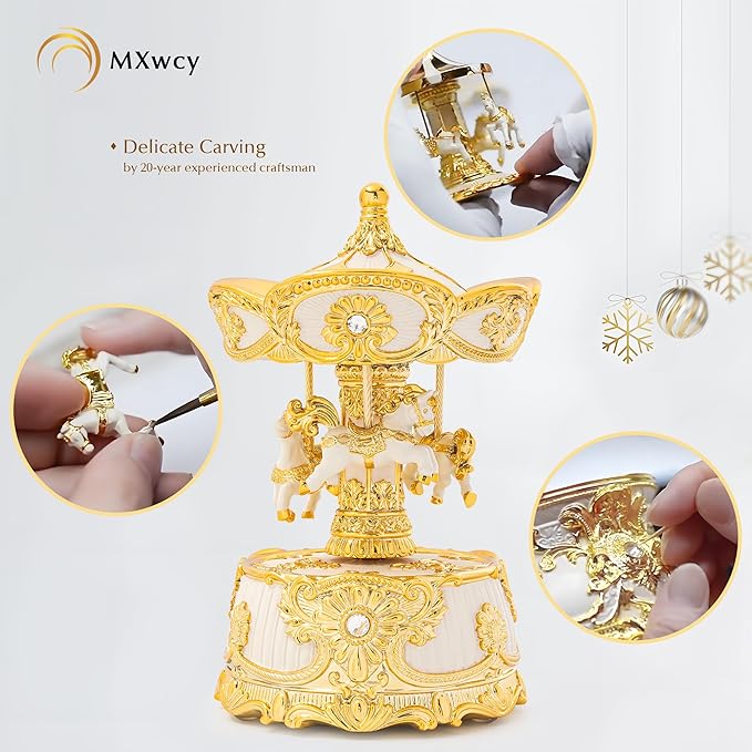 MXwcy Carousel Music Box 6.2" Classic Wind Up Music Box, Rotating Carousel Horse Christmas Table Center Piece, Gold & Ivory Vintage Home Decor, for Mom Women Birthday Gifts for Girls