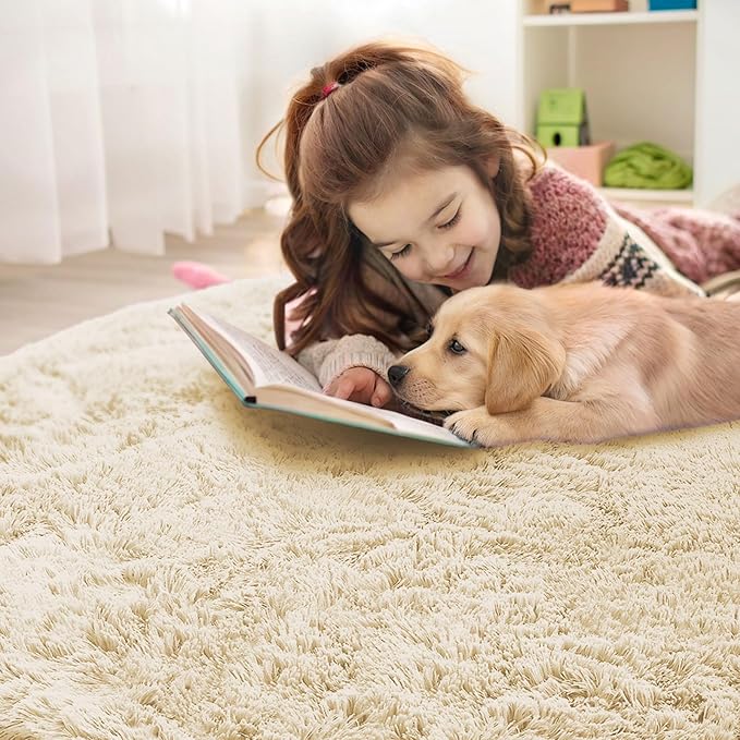 OLANLY Cream Round Rugs for Bedroom - Machine Washable, 3 ft Circle Area Rugs for Living Room, Soft and Fluffy Shaggy Carpet for Teen Girl and Boys, Nursery Rooms, Dorms, Home Decor Aesthetic