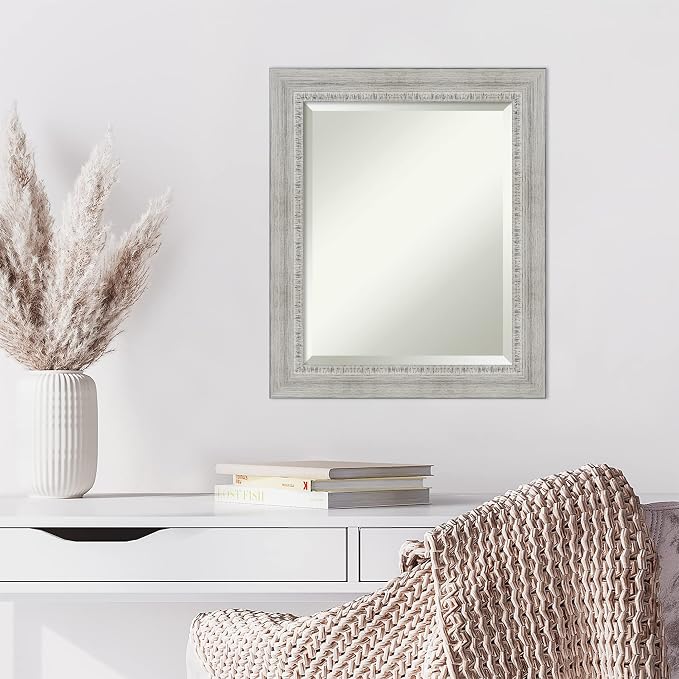 Amanti Art White Wall Mirror 24x20 Rustic White Wash Rectangle Bathroom Mirror for Wall Decor Living Room, Small Country Rustic Wood Frame, Hangs Horizonally and Vertically, Bathroom Decor, Beveled