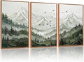 KAlRNE Natural Mountain Framed Canvas Wall Art Set of 3(16”X24”),Textured Sage Green Wall Decor,Neutral Watercolor Forest Picture Snowy Landscape Art Prints For Living Room Bedroom Office