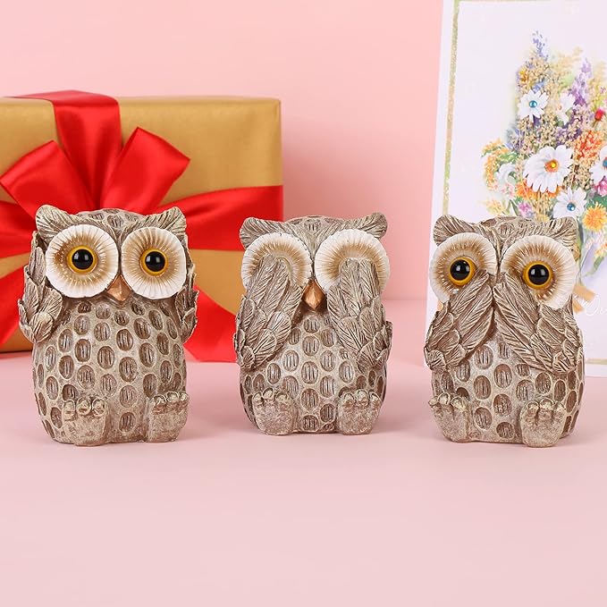 Set of 3 Owl Statues Home Décor, Cute Owl Figurines for Shelf, Living Room Bedroom Office Desktop, Bookshelf, Animal Sculptures Gifts,Small Decor Accents Items for Birds Lovers