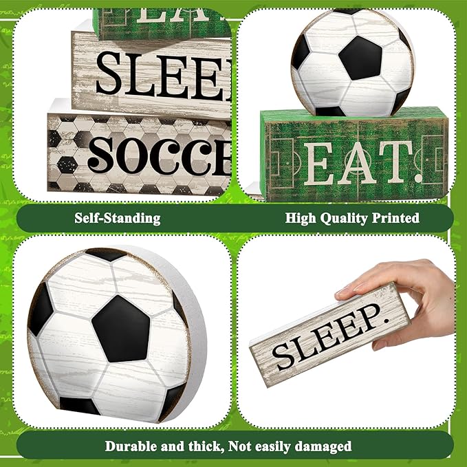 Yuntau 4 Pcs Soccer Wooden Tabletop Decor Soccer Tiered Tray Decor Rustic Wood Block Sign Gift Centerpiece Farmhouse Table Sign for Home Boys Room Office Shelf Birthday Party