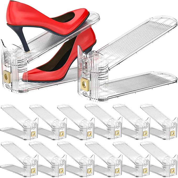 Shoe Slots Organizer,Adjustable Shoe Stackers,12 Pack Shoe Space Savers,Shoe Storage Holder for Closet,Transparent