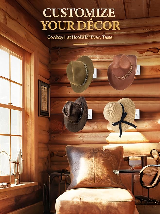 Cinati Cowboy Hat Rack for Wall, 4 Pack Cowboy Hat Holder Wall Mount, Western Rustic Metal Cowboy Hat Hanger, Hat Hooks for Cowboy Hat, Fedora, Sun Hats,Wide Brim Hat Organizer White
