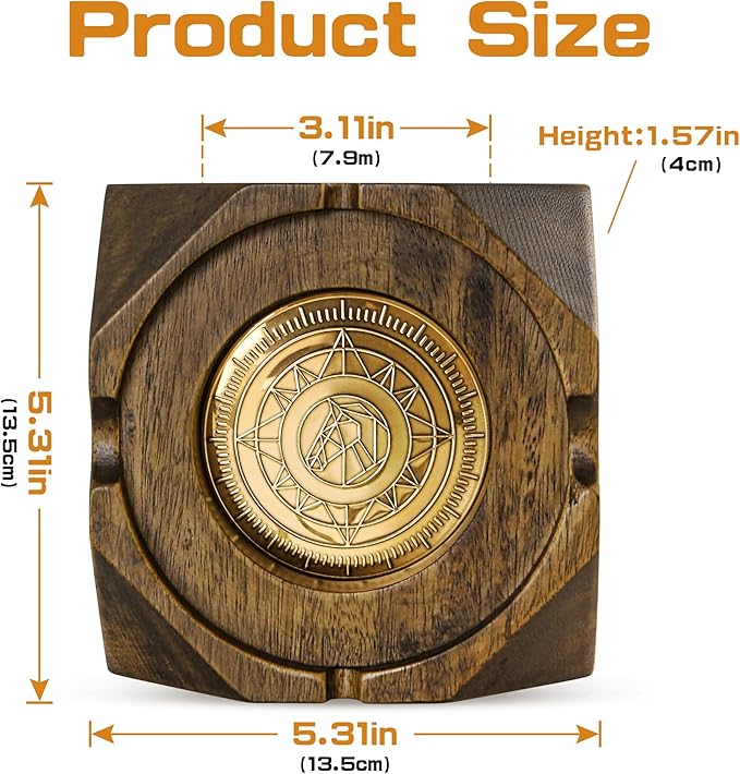 Wooden Cigar Ashtray Accessories for Cigarettes - Indoor Outdoor Patio Home Office Use - Quadrangular Wooden Brown Ash Tray Gift Set for Men Great Decor for Home Office or Bar